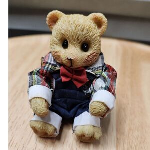 Bear Figurine plaid top small bow sit position